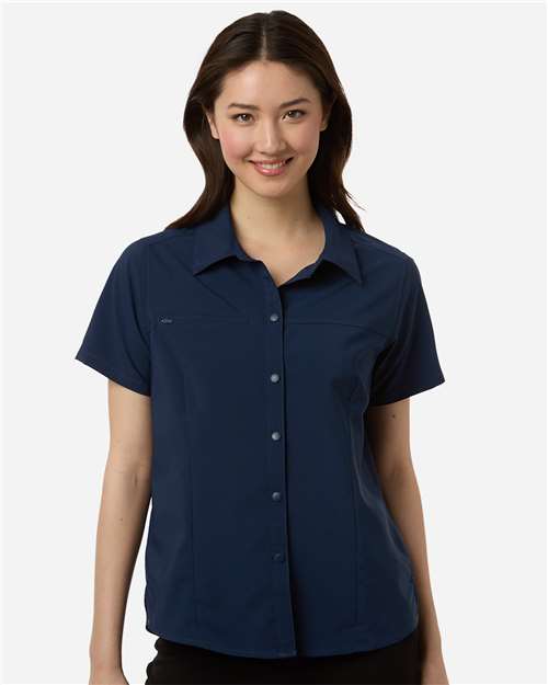 Core 365 CE520W Women's UltraUVP Shoreline Short Sleeve Staff Shirt - Classic Navy - model front