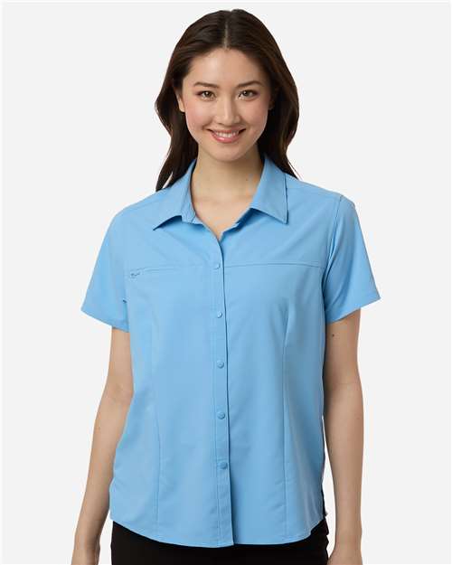 Core 365 CE520W Women's UltraUVP Shoreline Short Sleeve Staff Shirt - Columbia Blue - model front