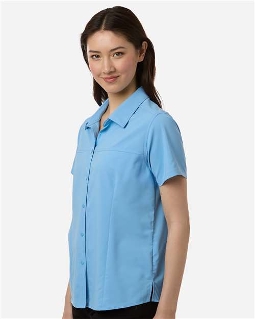 Core 365 CE520W Women's UltraUVP Shoreline Short Sleeve Staff Shirt - Columbia Blue - model side