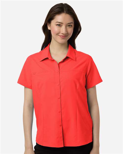 Core 365 CE520W Women's UltraUVP Shoreline Short Sleeve Staff Shirt - Marina Red - model front