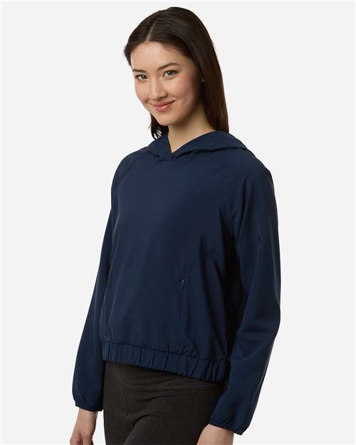Core 365 CE520LW Women's UltraUVP Shoreline Long Sleeve Hooded Pullover - Classic Navy - model side