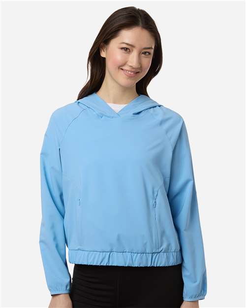 Core 365 CE520LW Women's UltraUVP Shoreline Long Sleeve Hooded Pullover - Columbia Blue - model front