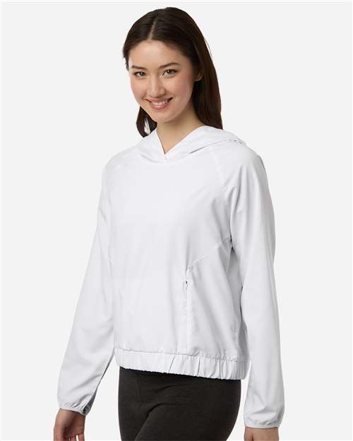 Core 365 CE520LW Women's UltraUVP Shoreline Long Sleeve Hooded Pullover - White - model side