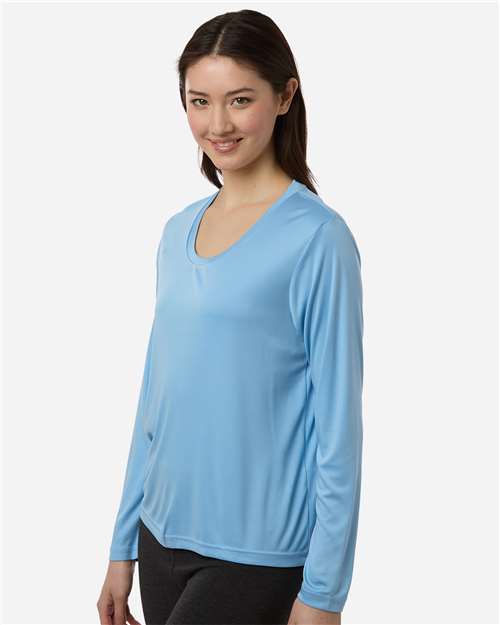 Core 365 CE10LW Women's Capital Performance Long Sleeve T-Shirt - Columbia Blue - model side