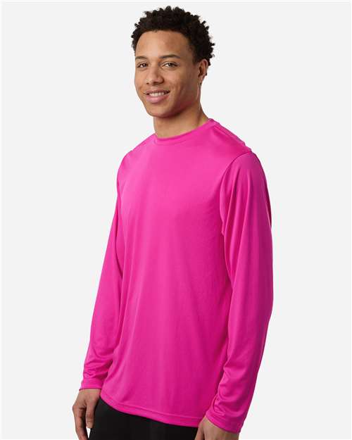 Core 365 CE10L Unisex Capital Long Sleeve Performance T-Shirt - Bright Magenta - model side