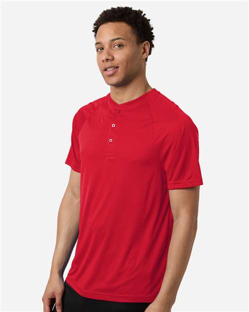 Team 365 TT11HN Men's Zone Performance Henley - Sport Red - model side