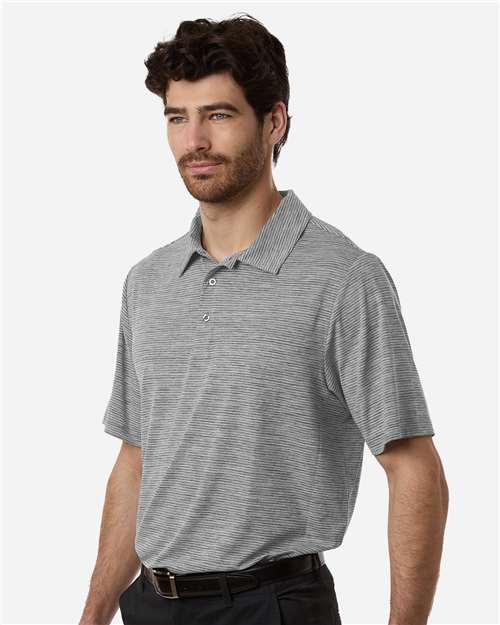 Team 365 TT125 Men's Relay Heathered Stripe Polo - Black Heather/ White - model side