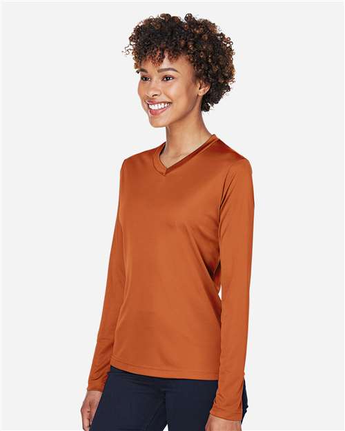 Team 365 TT11WL Women's Zone Performance Long Sleeve T-Shirt - Sport Burnt Orange - model side
