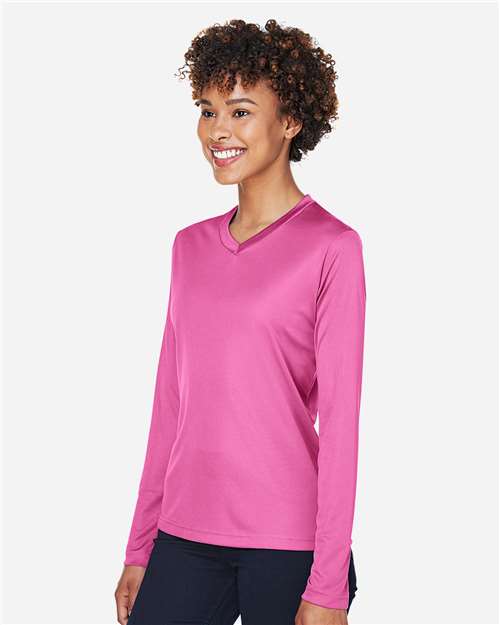Team 365 TT11WL Women's Zone Performance Long Sleeve T-Shirt - Sport Charity Pink - model side