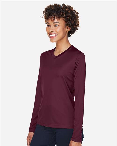 Team 365 TT11WL Women's Zone Performance Long Sleeve T-Shirt - Sport Dark Maroon - model side