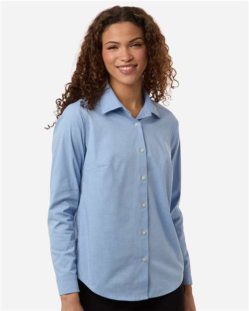 Devon & Jones DG505W Women's CrownLux Performance Spencer Poplin Dress Shirt - Light Blue Melange - model front
