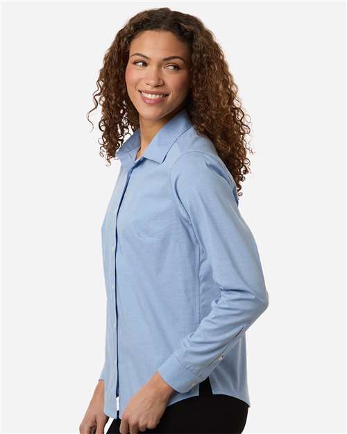 Devon & Jones DG505W Women's CrownLux Performance Spencer Poplin Dress Shirt - Light Blue Melange - model side