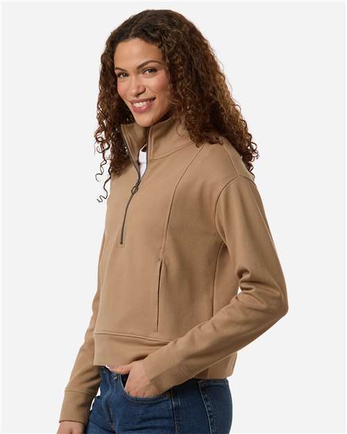 North End NE220W Women's Mantra Half-Zip Ottoman Pullover - Cafe - model side