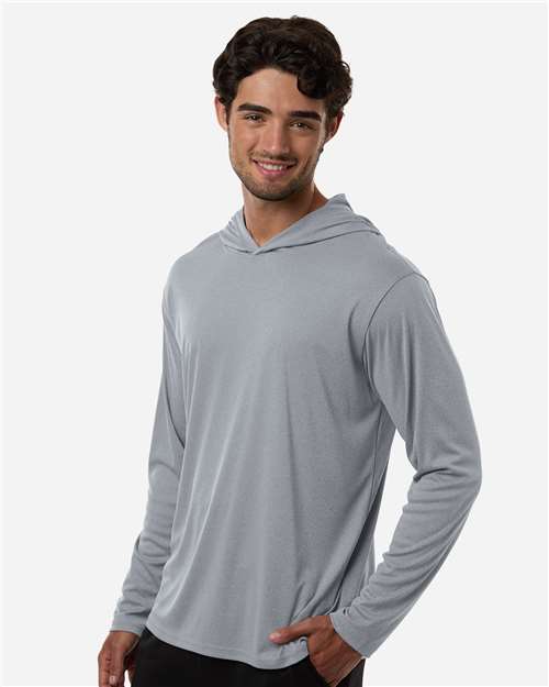 AllPro 48510 Unisex Pro-Lock Performance Hooded Long Sleeve T-Shirt - Heather Steel - model side