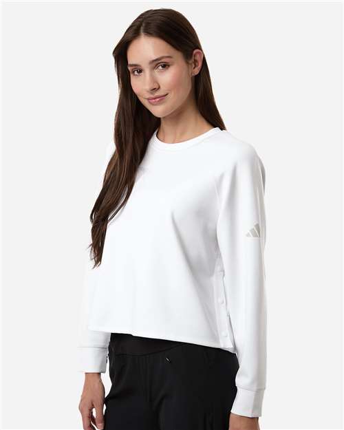 Adidas A1014 Women's Beyond Side-Snap Crewneck Sweatshirt - White - model side