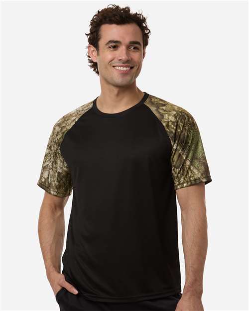 RealTree RT2103 Unisex Realtree Performance Colorblock T-Shirt - Camo/ Black - model front