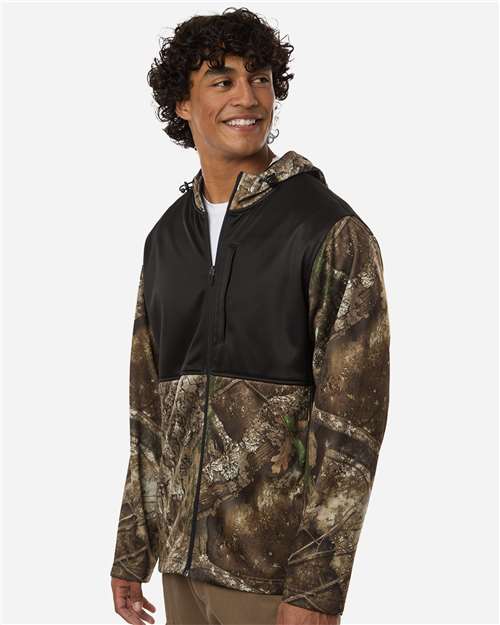 RealTree RT5204 Unisex Realtree Performance Colorblocked Full-Zip Hooded Sweatshirt - Camo/ Black - model side