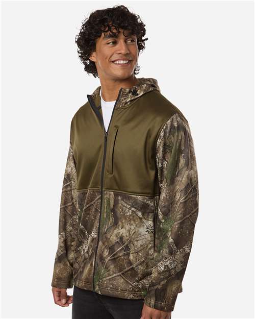 RealTree RT5204 Unisex Realtree Performance Colorblocked Full-Zip Hooded Sweatshirt - Camo/ Green - model side
