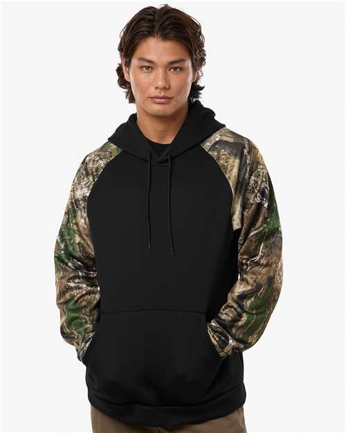 RealTree RT5305 Unisex Realtree Performance Colorblocked Hooded Sweatshirt - Camo/ Black - model front