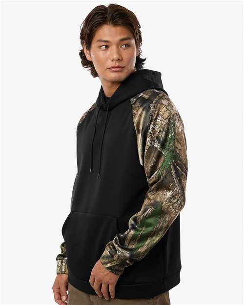 RealTree RT5305 Unisex Realtree Performance Colorblocked Hooded Sweatshirt - Camo/ Black - model side