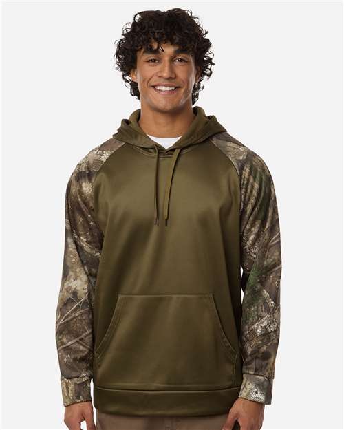 RealTree RT5305 Unisex Realtree Performance Colorblocked Hooded Sweatshirt - Camo/ Green - model front