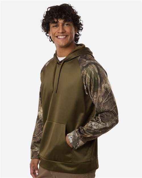RealTree RT5305 Unisex Realtree Performance Colorblocked Hooded Sweatshirt - Camo/ Green - model side
