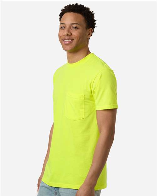 Tultex 293 Unisex Heavyweight Jersey Pocket T-Shirt - Safety Green - model side