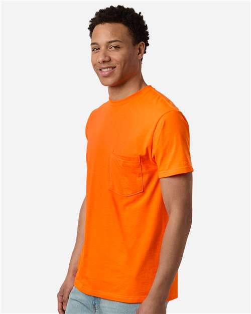 Tultex 293 Unisex Heavyweight Jersey Pocket T-Shirt - Safety Orange - model side