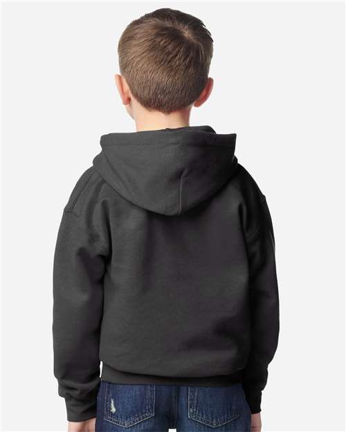 Gildan 18500B Youth Heavy Blend Hooded Sweatshirt - Fan Charcoal Heather - model back