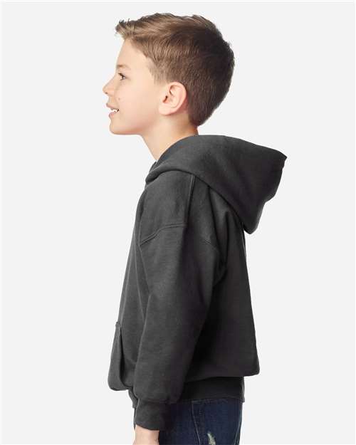 Gildan 18500B Youth Heavy Blend Hooded Sweatshirt - Fan Charcoal Heather - model side