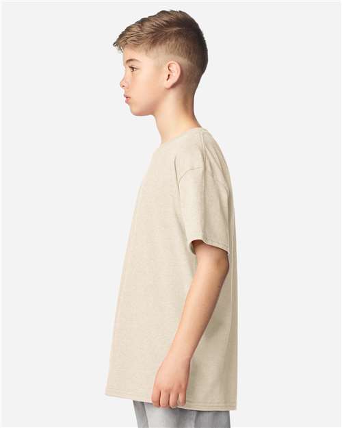 Gildan 64000B Youth Softstyle T-Shirt - Heather Oatmeal - model side