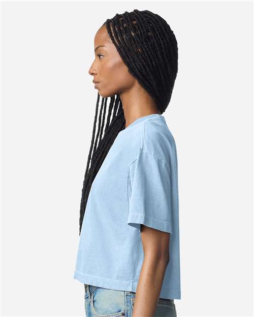 American Apparel 1302GD Women's Garment-Dyed Heavyweight Cropped Tee - Faded Powder Blue - model side