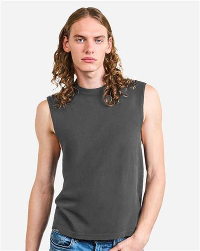 American Apparel 207GD Unisex Heavyweight Cotton Garment-Dyed Mid-Length Muscle Tee - Faded Black - model front