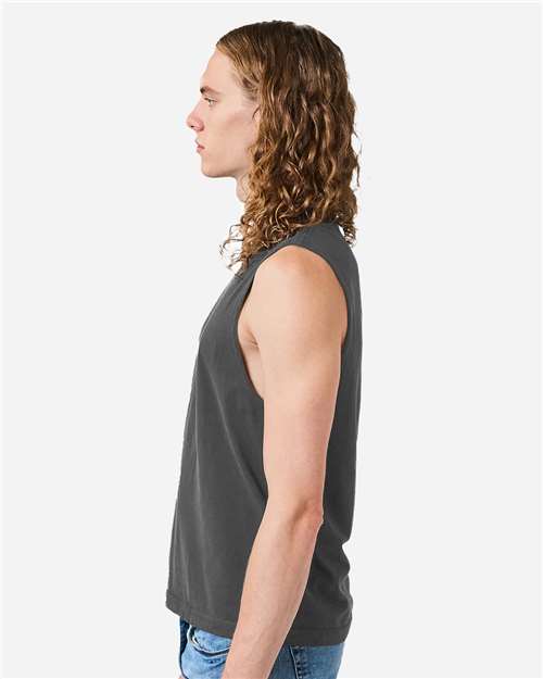 American Apparel 207GD Unisex Heavyweight Cotton Garment-Dyed Mid-Length Muscle Tee - Faded Black - model side