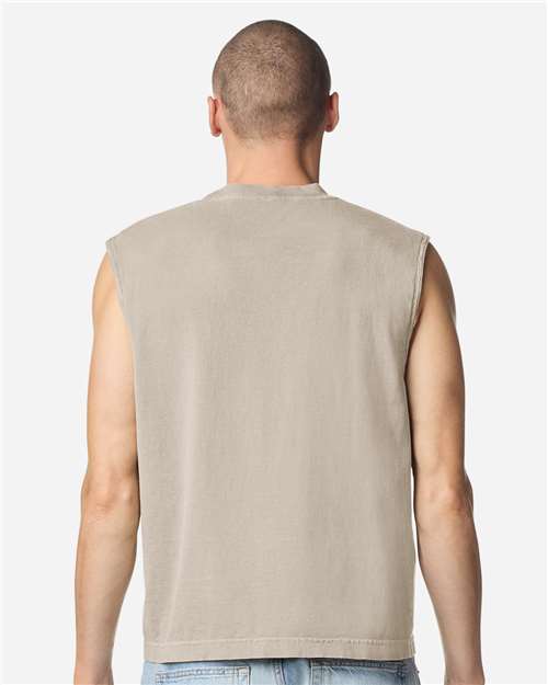 American Apparel 207GD Unisex Heavyweight Cotton Garment-Dyed Mid-Length Muscle Tee - Faded Bone - model back