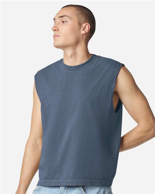 American Apparel 207GD Unisex Heavyweight Cotton Garment-Dyed Mid-Length Muscle Tee - Faded Navy - model front