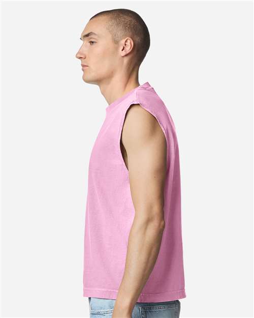 American Apparel 207GD Unisex Heavyweight Cotton Garment-Dyed Mid-Length Muscle Tee - Faded Powder Pink - model side