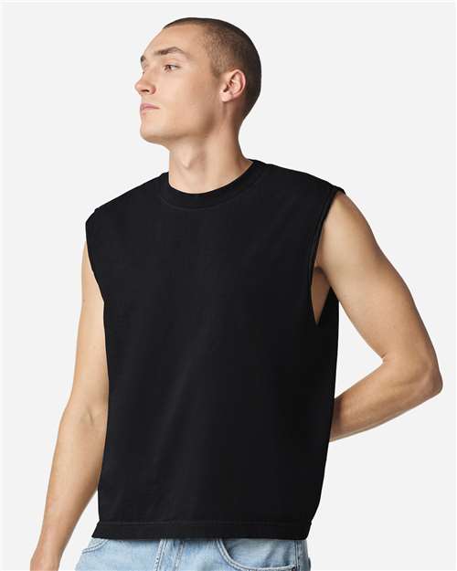 American Apparel 207GD Unisex Heavyweight Cotton Garment-Dyed Mid-Length Muscle Tee - True Black - model front