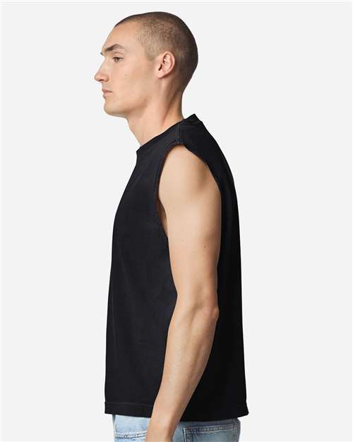 American Apparel 207GD Unisex Heavyweight Cotton Garment-Dyed Mid-Length Muscle Tee - True Black - model side