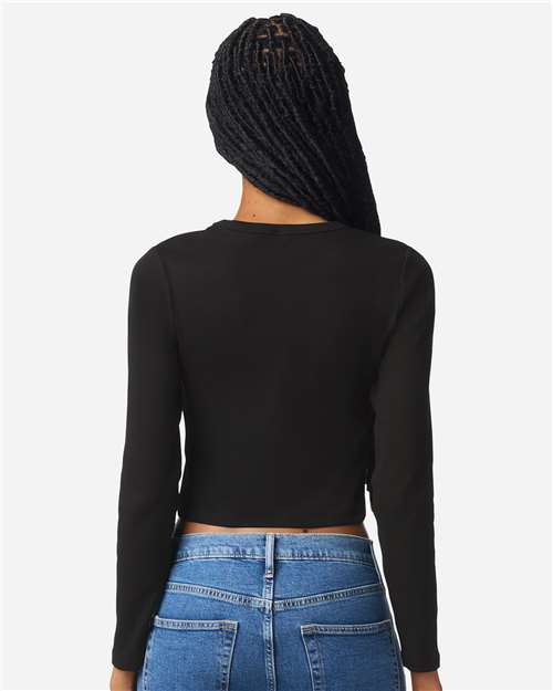 American Apparel BR2107 Women's Baby Rib Long Sleeve Cropped Tee - Black - model back
