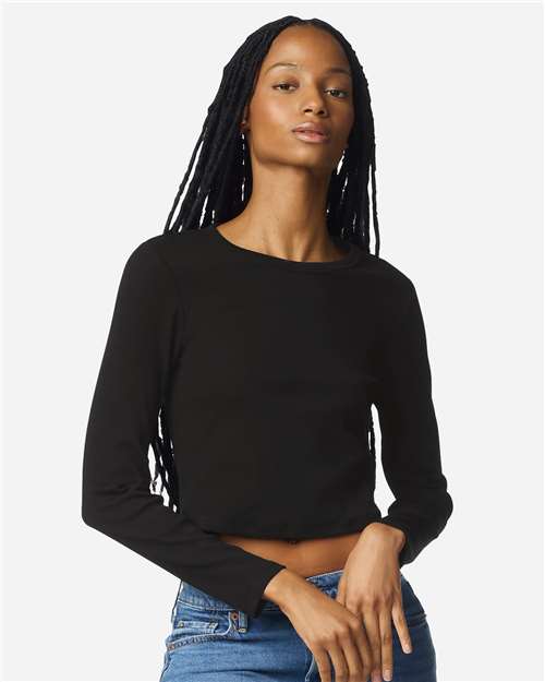 American Apparel BR2107 Women's Baby Rib Long Sleeve Cropped Tee - Black - model front
