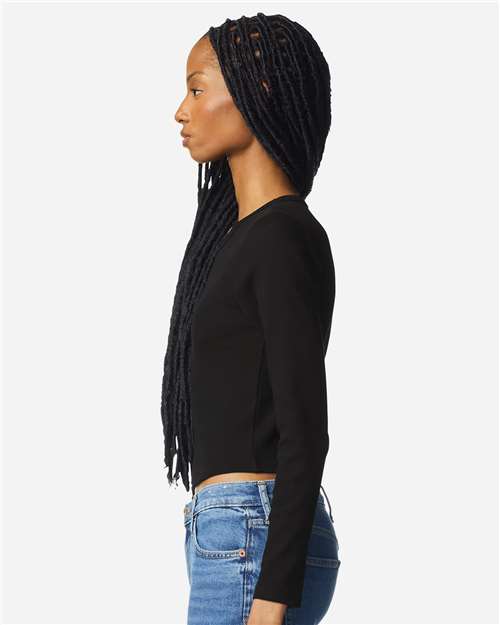 American Apparel BR2107 Women's Baby Rib Long Sleeve Cropped Tee - Black - model side