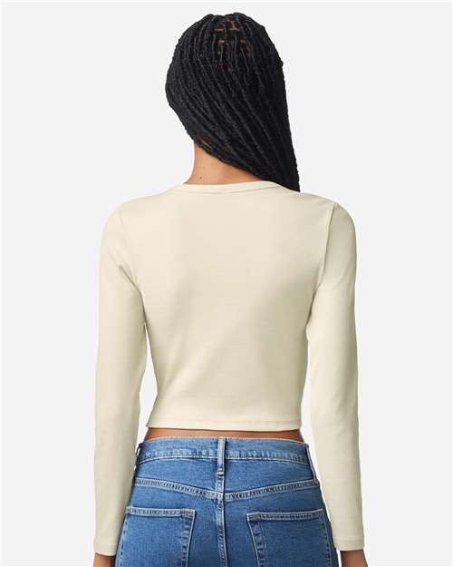 American Apparel BR2107 Women's Baby Rib Long Sleeve Cropped Tee - Bone - model back