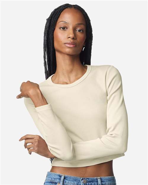 American Apparel BR2107 Women's Baby Rib Long Sleeve Cropped Tee - Bone - model front