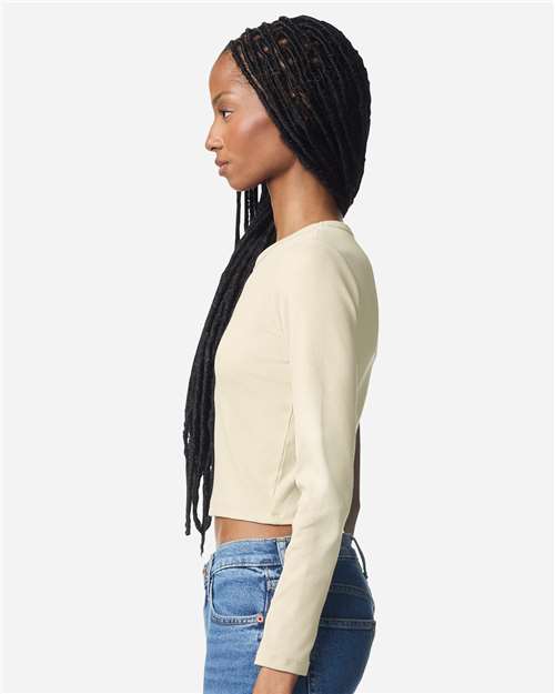 American Apparel BR2107 Women's Baby Rib Long Sleeve Cropped Tee - Bone - model side