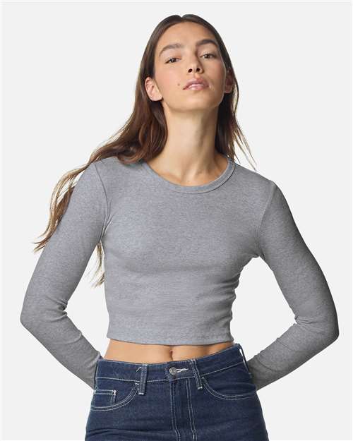 American Apparel BR2107 Women's Baby Rib Long Sleeve Cropped Tee - Heather Grey - model front
