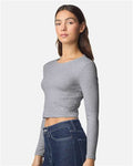 American Apparel BR2107 Women's Baby Rib Long Sleeve Cropped Tee - Heather Grey - model side