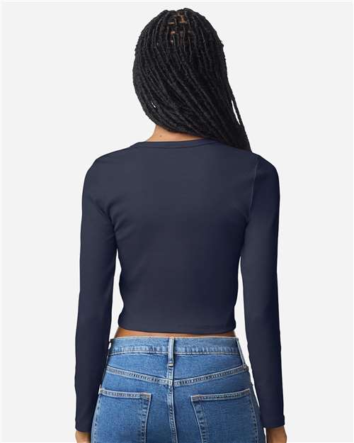 American Apparel BR2107 Women's Baby Rib Long Sleeve Cropped Tee - Navy - model back