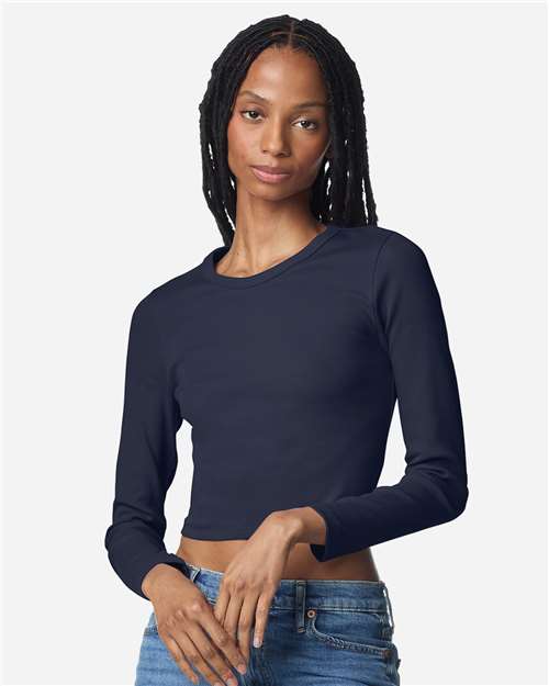 American Apparel BR2107 Women's Baby Rib Long Sleeve Cropped Tee - Navy - model front