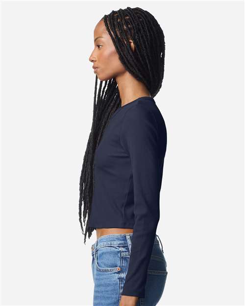American Apparel BR2107 Women's Baby Rib Long Sleeve Cropped Tee - Navy - model side
